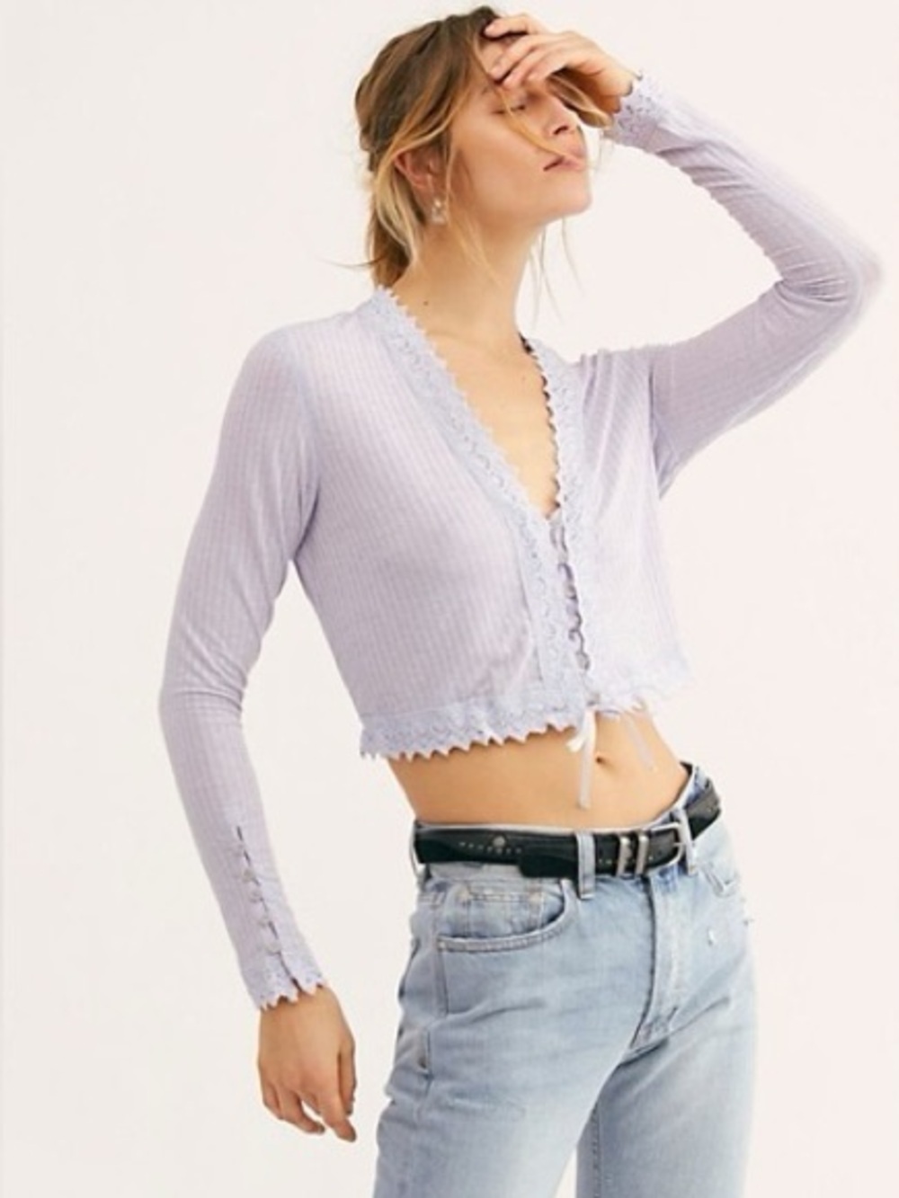FREE PEOPLE Intimately Third Date Lace Ribbed Knit Long Sleeve Cardigan Top